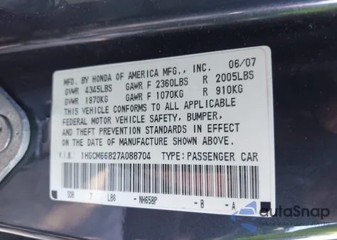 2007 Honda Accord 3.0 Ex из США, поврежденный, VIN 1HGCM66827A088704